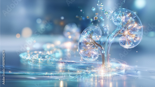 Futuristic glass kidney models with blue water effects and glowing fiber optic connections symbolizing renal health