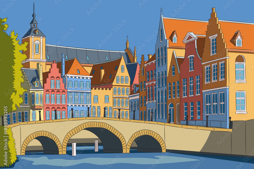 Obraz premium Colorful vector illustration of Bruges architecture in Belgium