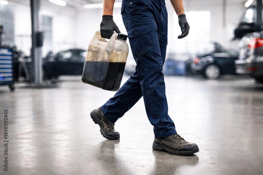 Fototapeta premium disposal of used engine oil. A Mechanic Carrying a Container of Oil in an Automotive Workshop, Highlighting Maintenance and Engine Care Practices in a Professional Environment