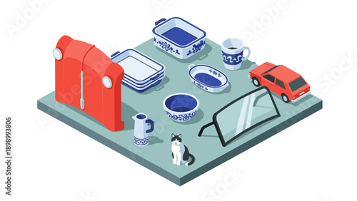 Isometric display of kitchenware and household items with red car