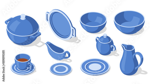 Blue porcelain tableware collection in isometric design for dining