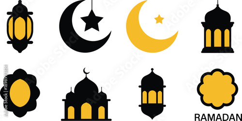 Ramadan islamic symbols crescent moon stars lanterns and mosque designs