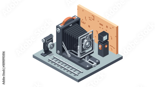 Vintage camera on tripod in isometric style with brick wall background