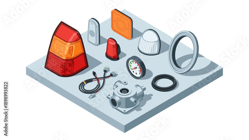 Exploded view of auto components on display platform in isometric