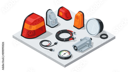 Isometric car parts collection: lights, gauges, cables, and equipment