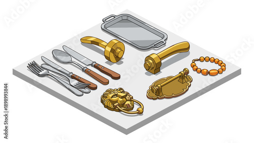 Isometric vintage kitchenware and antique decor on a white surface