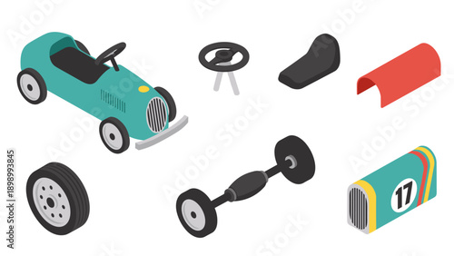 Retro toy car parts set in isometric style with colorful design