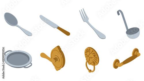 Isometric kitchen utensils and accessories set