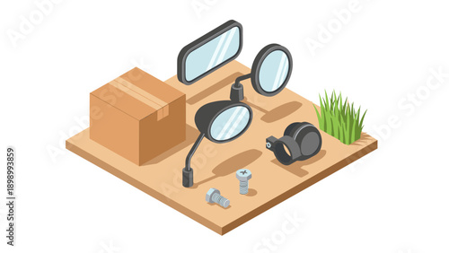 Isometric automotive parts and accessories on wooden surface