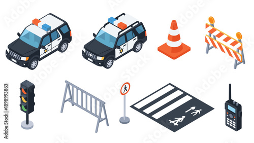Isometric police vehicles and traffic control icons set for urban