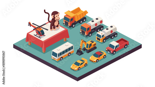 Isometric toy collection with vehicles and playroom display on table