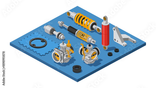 Isometric motorcycle suspension parts illustration on blue background