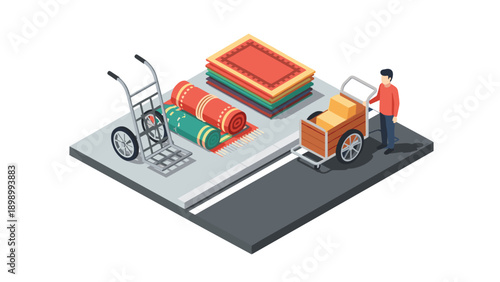 Isometric warehouse scene with worker moving cart and rugs