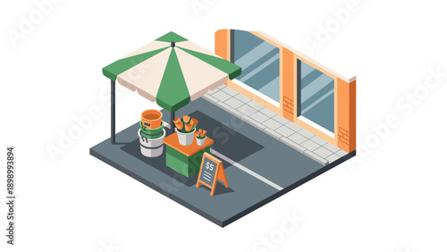 Isometric flower stand with umbrella on urban sidewalk