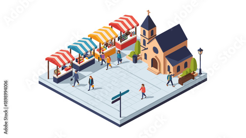 Isometric market square scene with stalls and church in urban setting