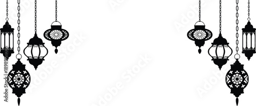 Black and white illustration of ornate hanging lanterns on a white background