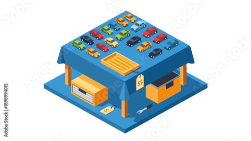 Isometric car sale stand with miniature vehicles on display