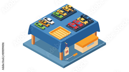 Isometric toy cars display on market table with price tag and