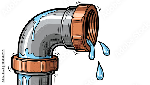 Leaking water pipe with droplets: pop art style plumbing concept