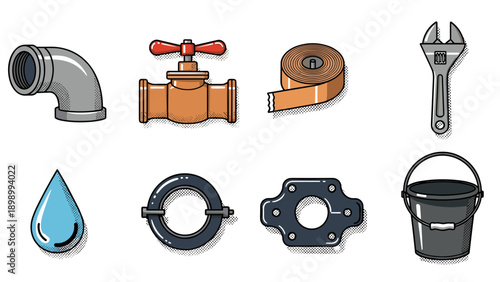 Retro style plumbing tools and supplies icons set for home repair