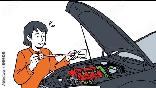 Cartoon illustration of person checking car engine oil level