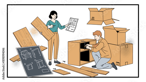 Couple assembling furniture with instructions and tools in modern