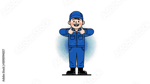 Cheerful repairman in blue uniform giving thumbs up gesture