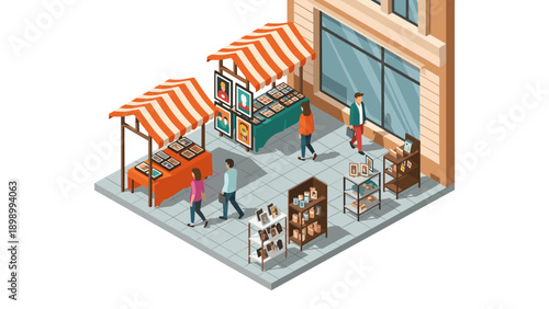 Isometric urban market scene with art stalls and shoppers