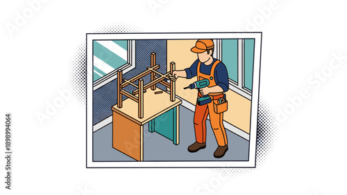 Carpenter assembling furniture in comic style interior scene