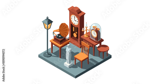 Vintage home decor elements in isometric style with antique clocks