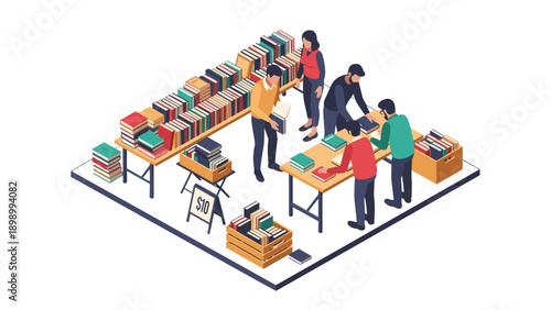 Isometric bookstore scene with people browsing books on tables and