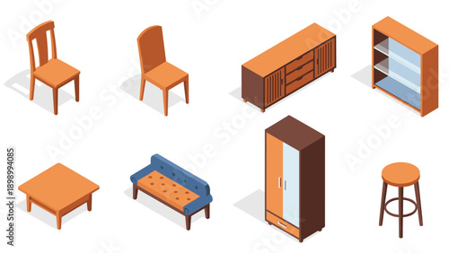 Isometric furniture set: chairs, tables, and cabinets for modern