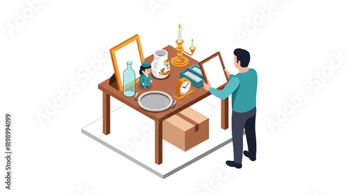 Isometric antique shop scene: man inspecting vintage items on table