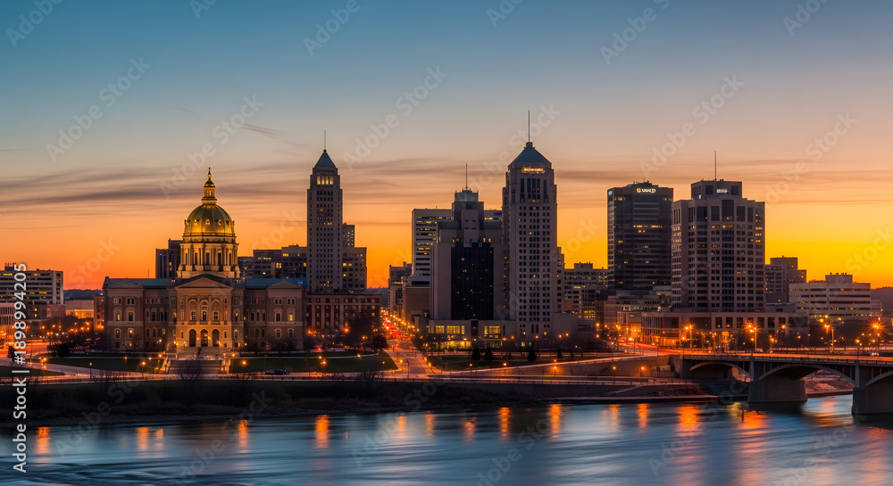 Fototapeta premium Dusk view of a city skyline featuring a state capitol building and bridge over water
