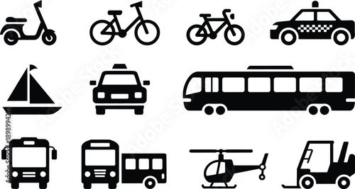 Collection of black silhouette icons representing various modes of transportation