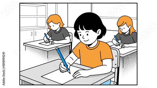 Students focused on writing in classroom setting with pop art style