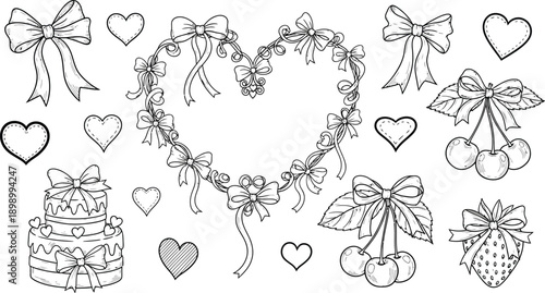 Intricate black and white illustration of hearts bows cherries and a gift