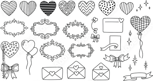 Hand drawn hearts frames envelopes and ribbons in black and white