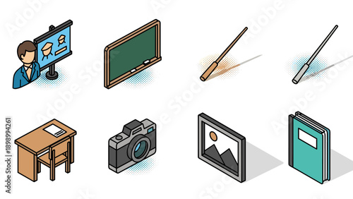 Isometric classroom and office equipment set for modern and retro