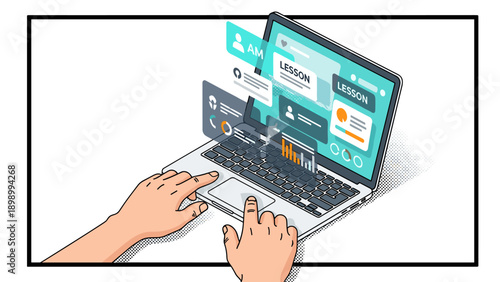 Online learning: interactive virtual classroom with laptop interface