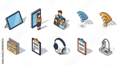 Isometric education and technology elements: devices, people, and
