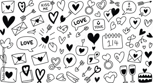 A collection of hand drawn romantic doodles and valentine s day themed illustrations