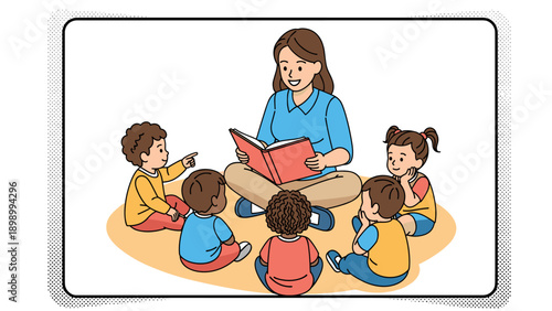 Smiling teacher reading to kids in a colorful classroom setting