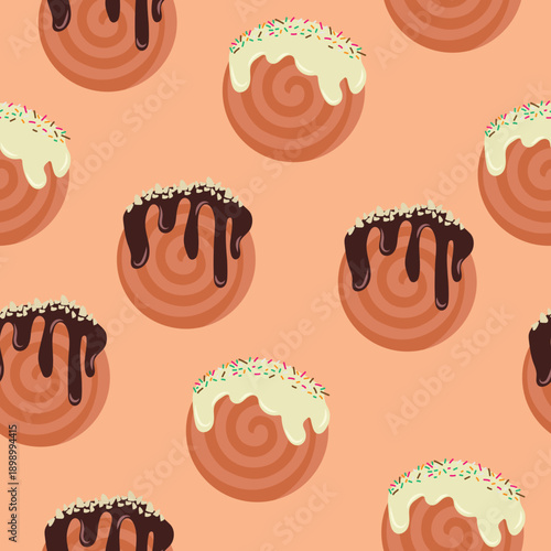 Seamless repeating pattern featuring assorted cromboloni with chocolate and sugar icing. Ideal for packaging, wallpaper, textile, stickers, surface design, vector backgrounds, and playful food-themed 