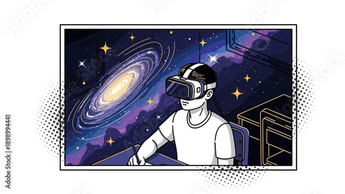 Exploring a digital universe: vr headset and galaxy adventure in a