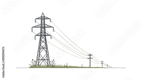 High voltage power lines on landscape with pylon and grass in