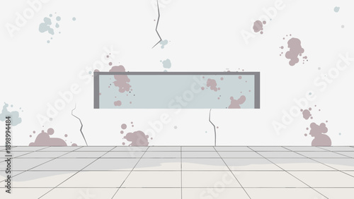 Empty room with cracked walls and stained floor in minimalist design