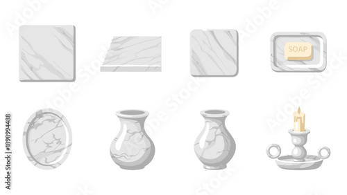 Elegant marble kitchen and bathroom items set featuring soap and