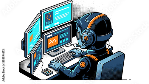 Futuristic gamer engaged in high-tech virtual reality setup with