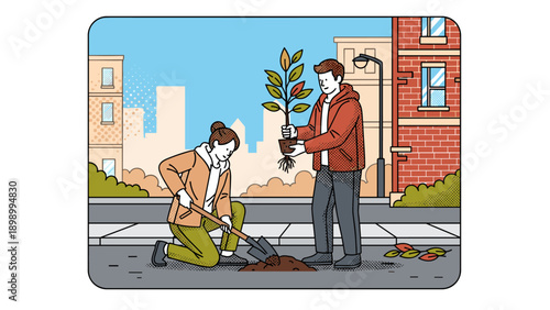 Urban tree planting teamwork: two people adding greenery to the city